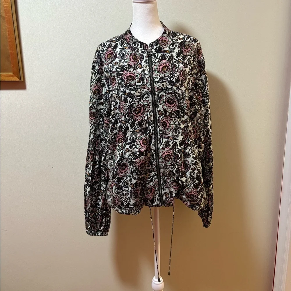 Free People Soft floral Print  Jacket Top Bomber zip up M